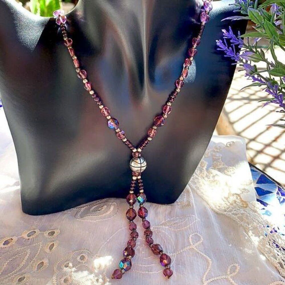 Ballplayer’s Amethyst/Garnet Gemstone & Crystal Lavaliere Necklace - Sterling - Picture 10 of 10